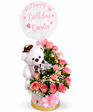 Peluche + rosas + chocolates + globo personalizado