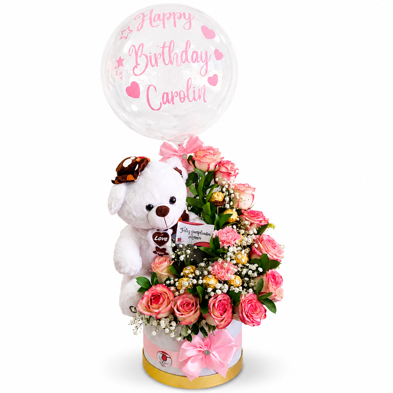 Peluche + rosas + chocolates + globo personalizado