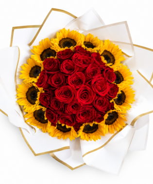 Ramo de 25 rosas con borde de girasoles