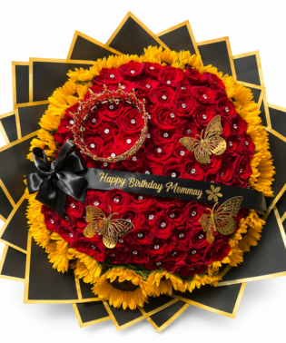 Ramo de 100 rosas con borde de girasoles