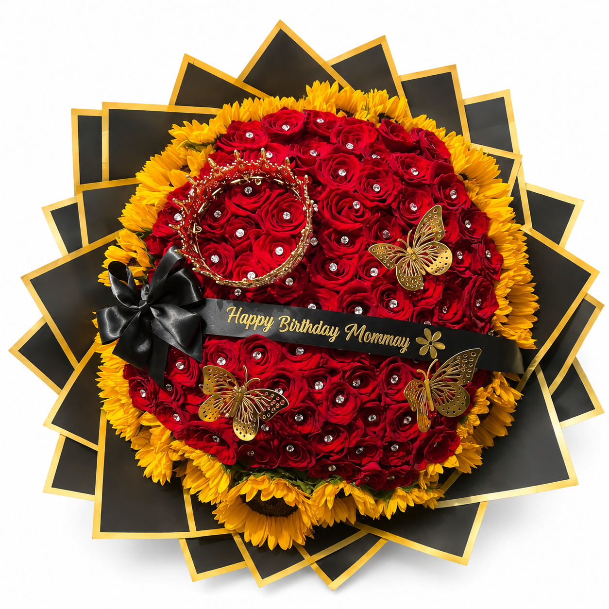 Ramo de 100 rosas con borde de girasoles