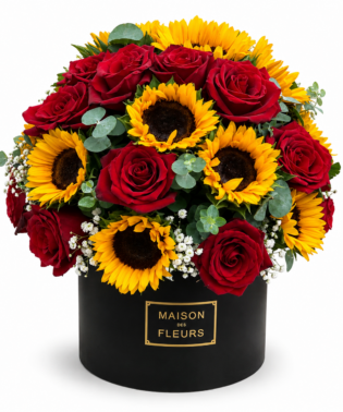 Box redondo grande rosas y girasoles