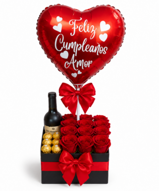 Flowerbox de rosas importadas con vino y globo personalizado