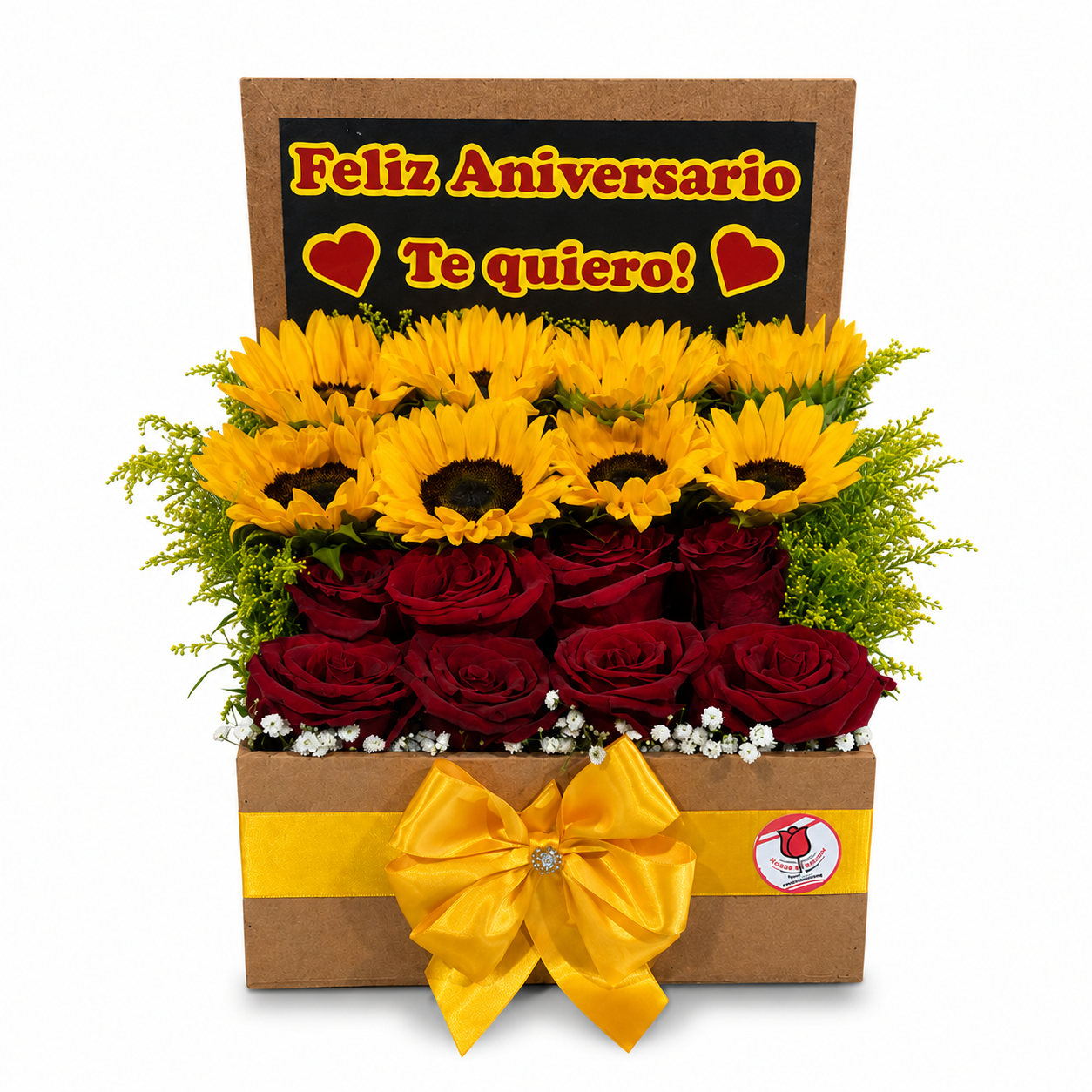 Caja pizarra con girasoles y rosas importadas - 2 de imagen