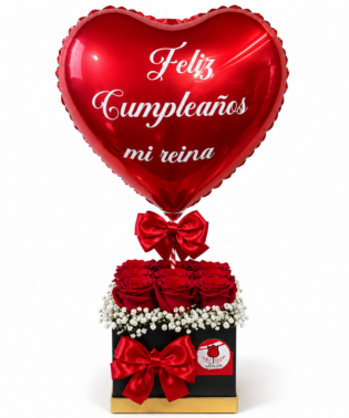 Box cuadrado 9 rosas con globo metálico