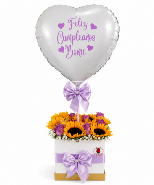 Flowerbox de rosas y girasoles con globo personalizado