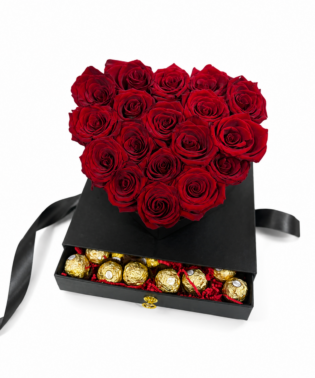 Box acrilico corazón de rosas y chocolates