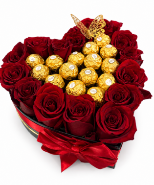 Box de corazon, rosas importadas y chocolates ferreros