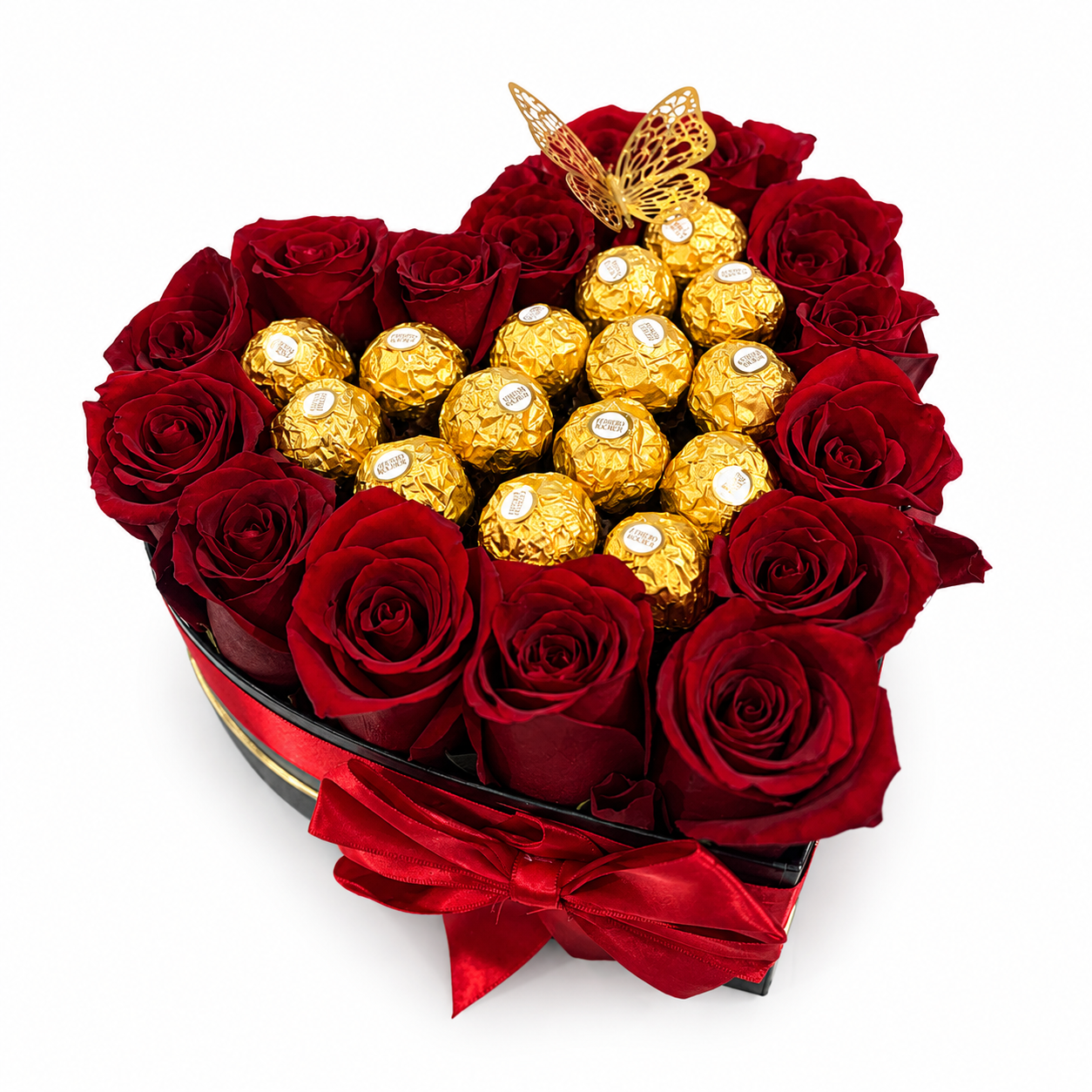 Box de corazon, rosas importadas y chocolates ferreros