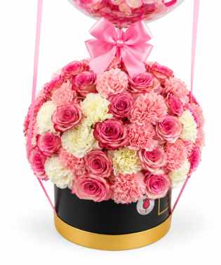 Flowerbox de rosas con claveles + globo personalizado