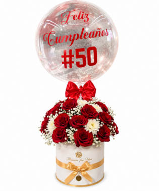 Box de rosas, margaritas y globo personalizado