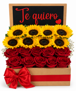Caja pizarra con girasoles y rosas importadas