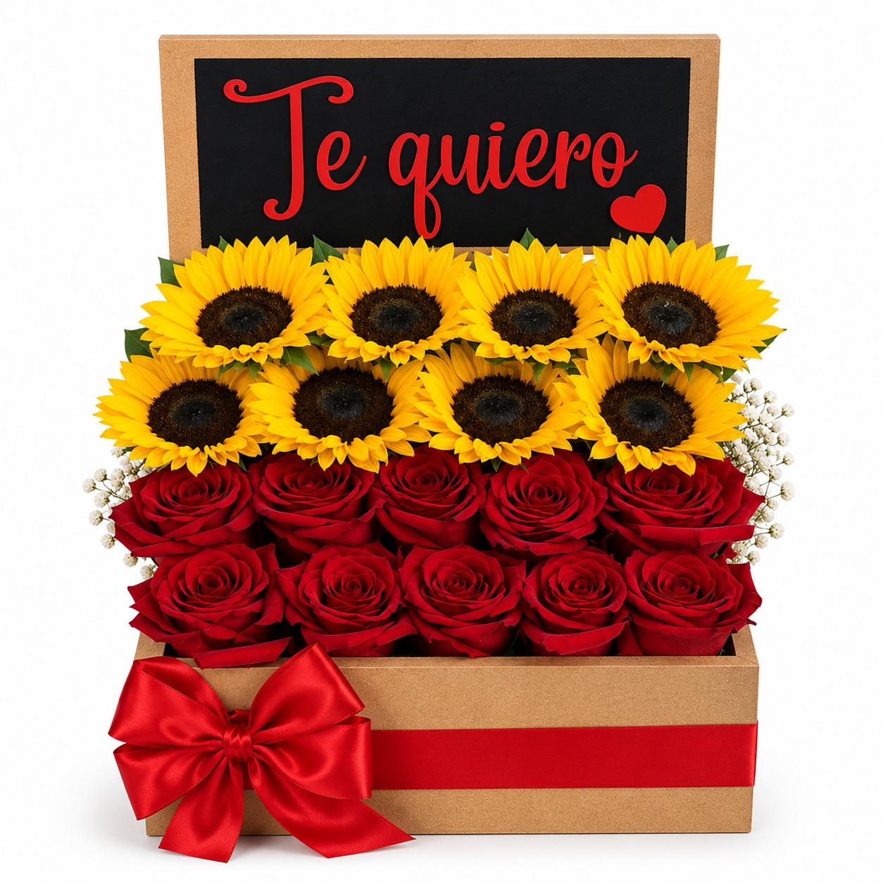 Caja pizarra con girasoles y rosas importadas