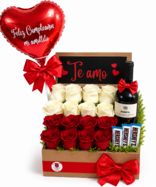 Caja pizarra de rosas, vino 19 crimes, chocolates y globo