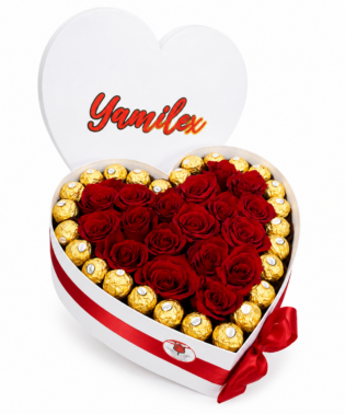 Corazón de rosas y chocolates